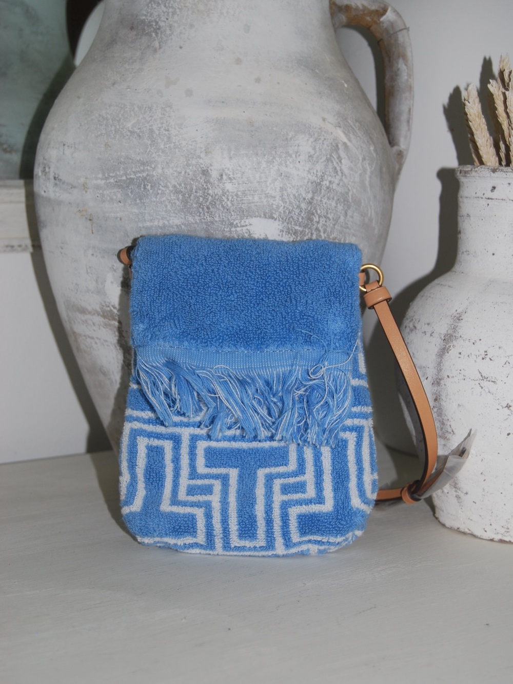Tory Burch Blue and Tan Fringe Terry Cloth Crossbody Bag